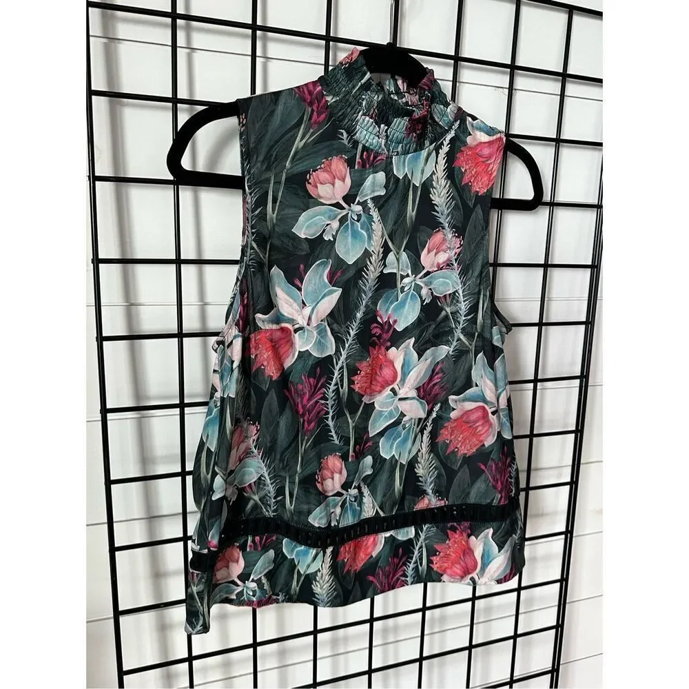MinkPink Smocked‎ Sleeveless Turtleneck Womens S Tropical Floral Romantic